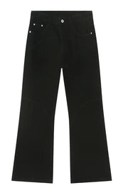 Black denim trousers with flared legs and curved seam details.