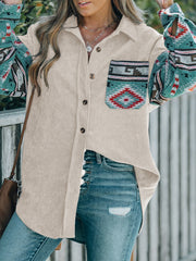 Corduroy shacket in dust storm with Aztec print sleeves and pocket detail.