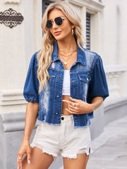 Dark blue denim cropped jacket with puff sleeves and distressed details