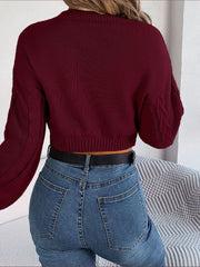 Wine cable knit cropped sweater with mock neck and textured sleeves.