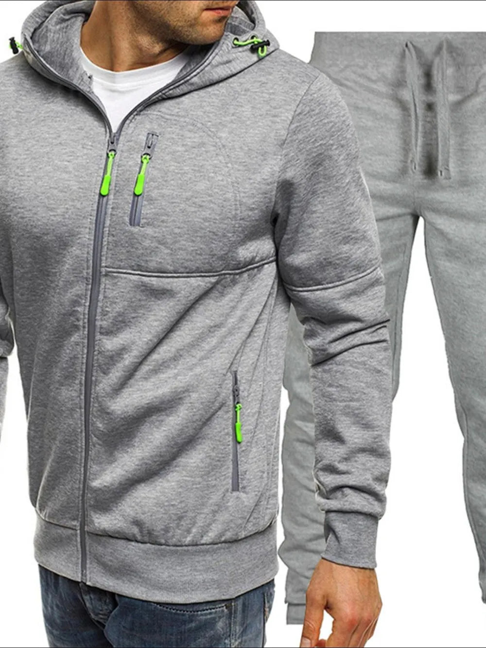 Gray tech-inspired zip-up hoodie with neon green zipper details and matching track pants.