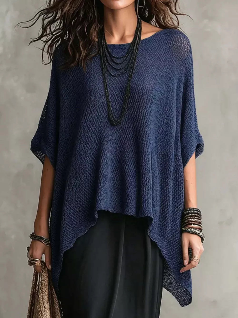 Loose Knit Round Neck Plus Size Top in White, close-up detail