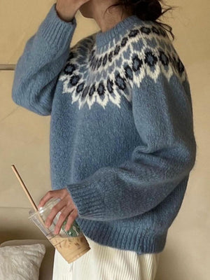 French blue acrylic sweater with fair isle yoke pattern and round neck