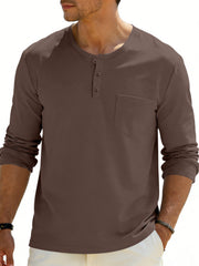 Brown long sleeve pocketed henley t-shirt with button detail