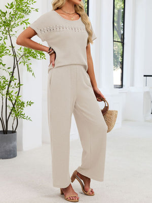 Beige lace cutout knit two-piece set with short sleeves and wide-leg pants