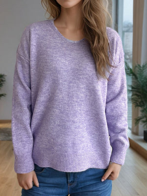 Relaxed-fit V-neck knit sweater in light purple with ribbed hem and cuffs.