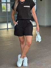 Short Sleeve Top And Shorts Set in Black, front view