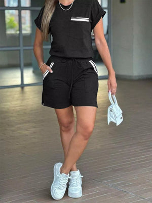 Short Sleeve Top And Shorts Set in Black, front view