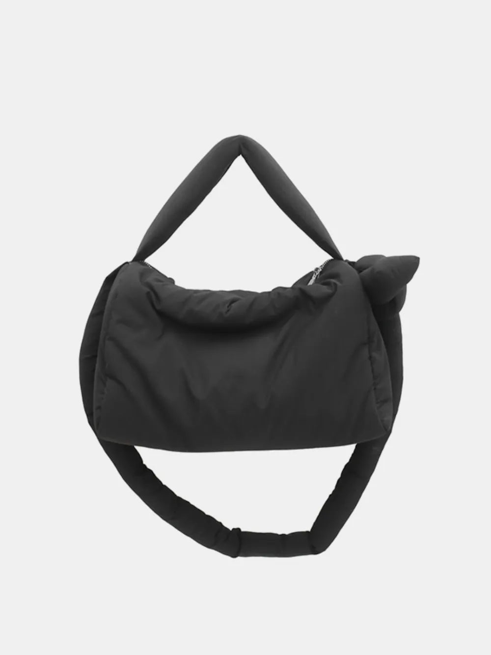 Black padded knot shoulder bag with a zipper closure and puffy straps.