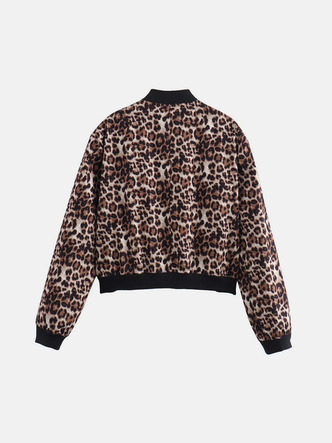 Leopard print bomber jacket with black ribbed collar, cuffs, and hem.