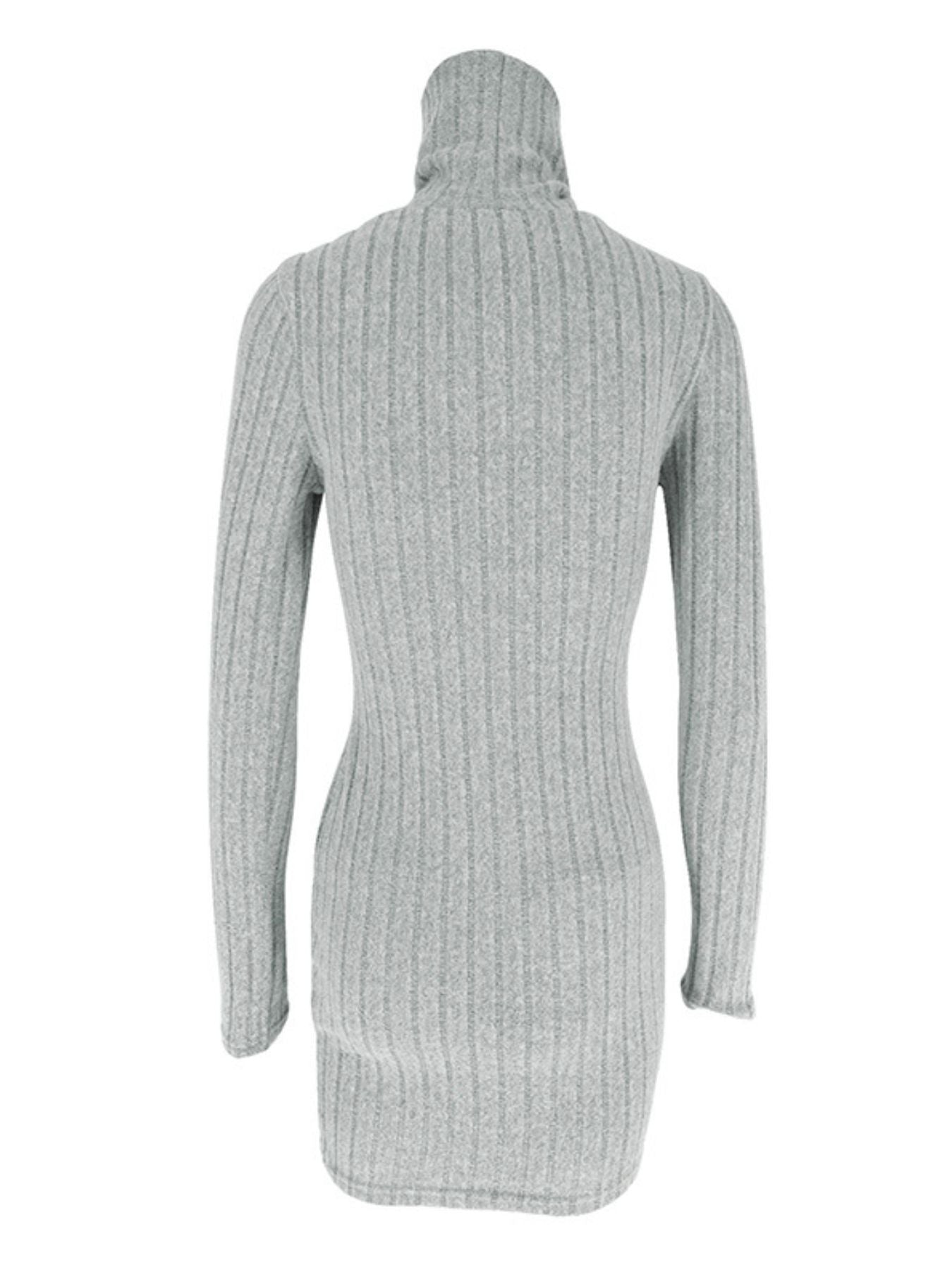 Gray ribbed turtleneck bodycon mini dress with long sleeves.