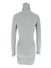 Gray ribbed turtleneck bodycon mini dress with long sleeves.