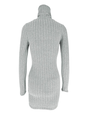 Gray ribbed turtleneck bodycon mini dress with long sleeves.