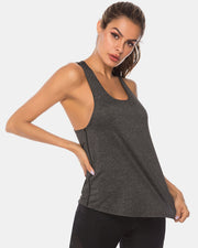 Racerback performance tank top in heathered charcoal grey with a relaxed fit.