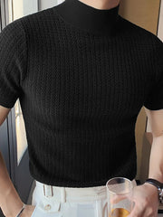 Black textured knit mock neck tee with short sleeves.