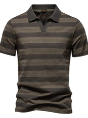 Men's short sleeve polo shirt with textured stripes and a v-neck collar.