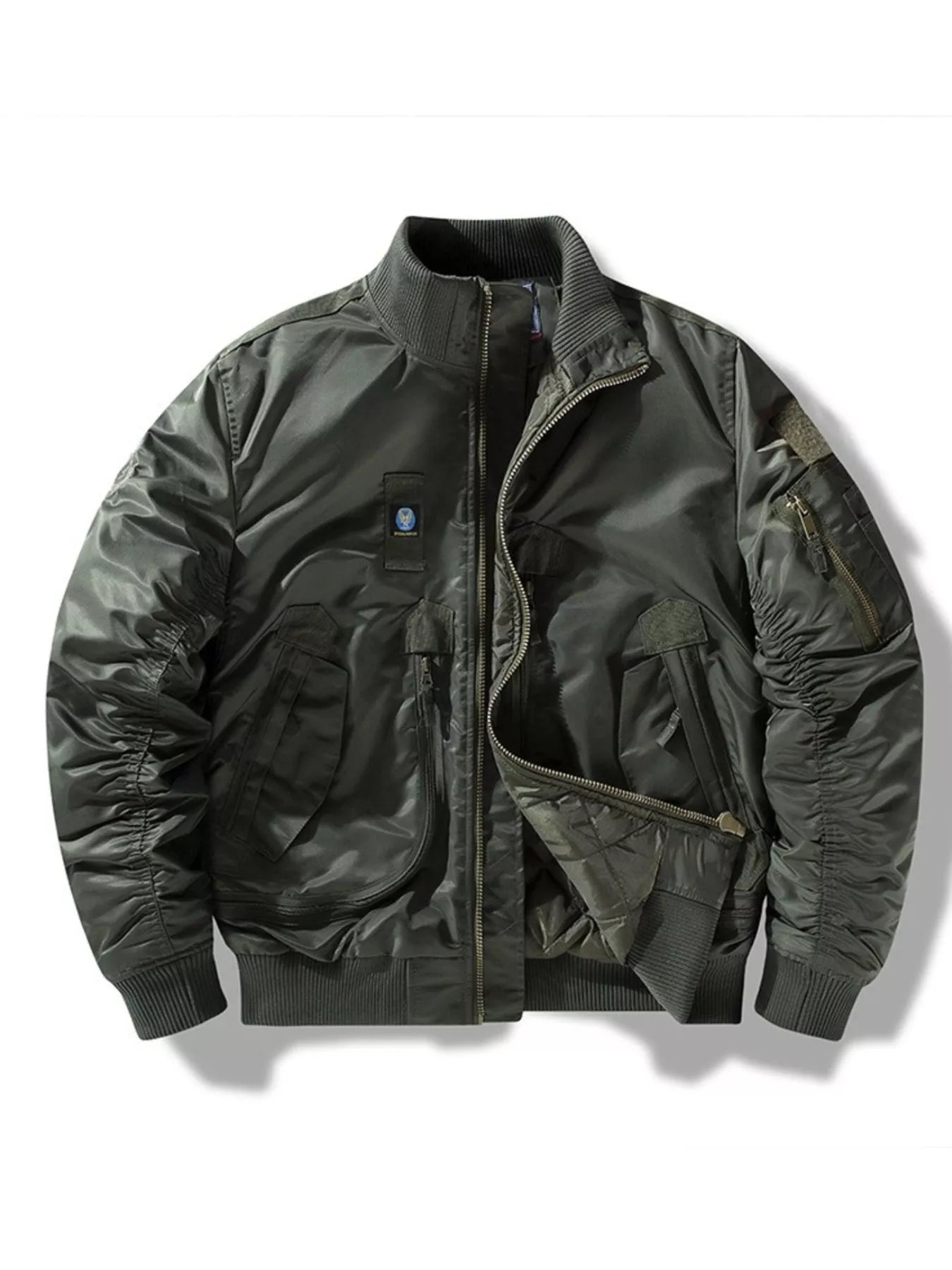 Zip up bomber jacket in moss green with ruched sleeves and multiple zip pockets.