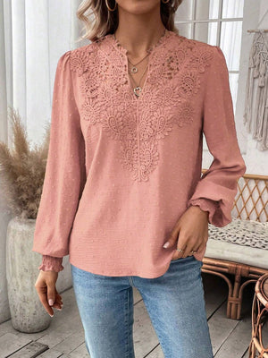 Pink blouse with embroidered yoke and puff sleeves