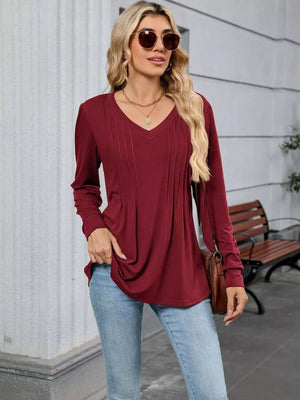 Burgundy V-neck long sleeve maternity t-shirt with subtle front pleats.