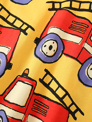 Toddler t-shirt in yellow with a playful all-over fire truck print.