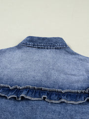 Denim ruffle button-down shirt with vintage wash and frayed ruffle detail