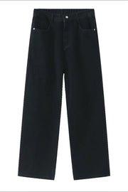 Black wide-leg denim jeans with a relaxed fit and modern cut.