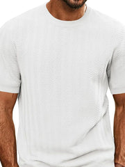 White chevron knit crew neck tee with short sleeves.