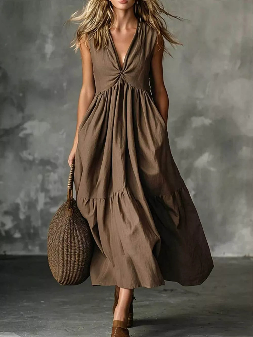 Twisted V-neck Midi Dress With Pockets