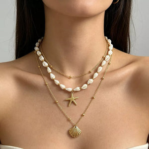 18k Gold-plated Bohemian Seashell Layered Necklace in Gold, side view