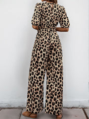 Leopard print jumpsuit with puff sleeves and wide legs