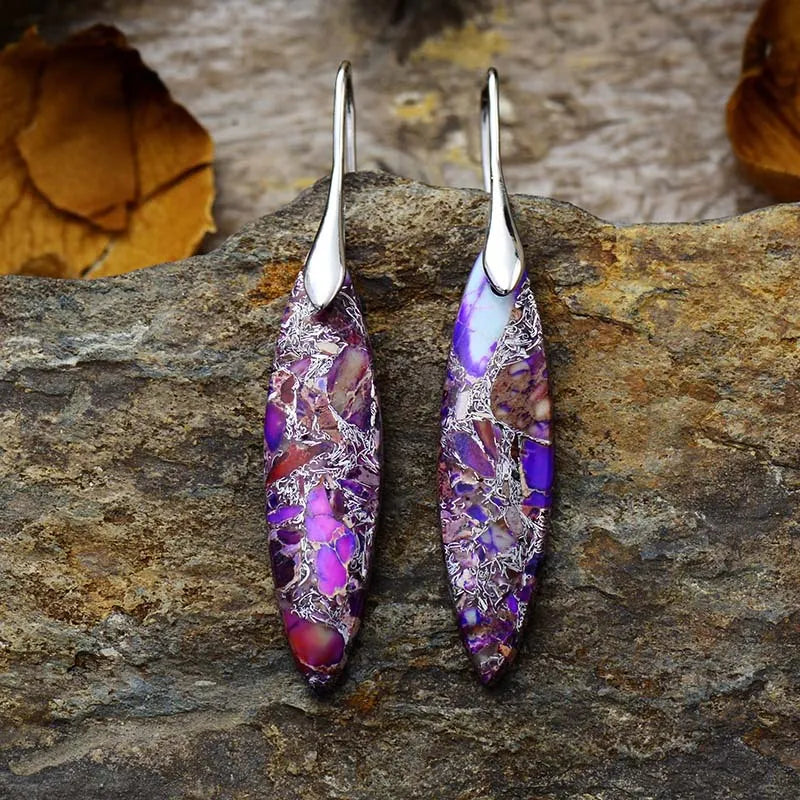 Verdant Stone Teardrop Dangle Earrings in purple with silver hardware.