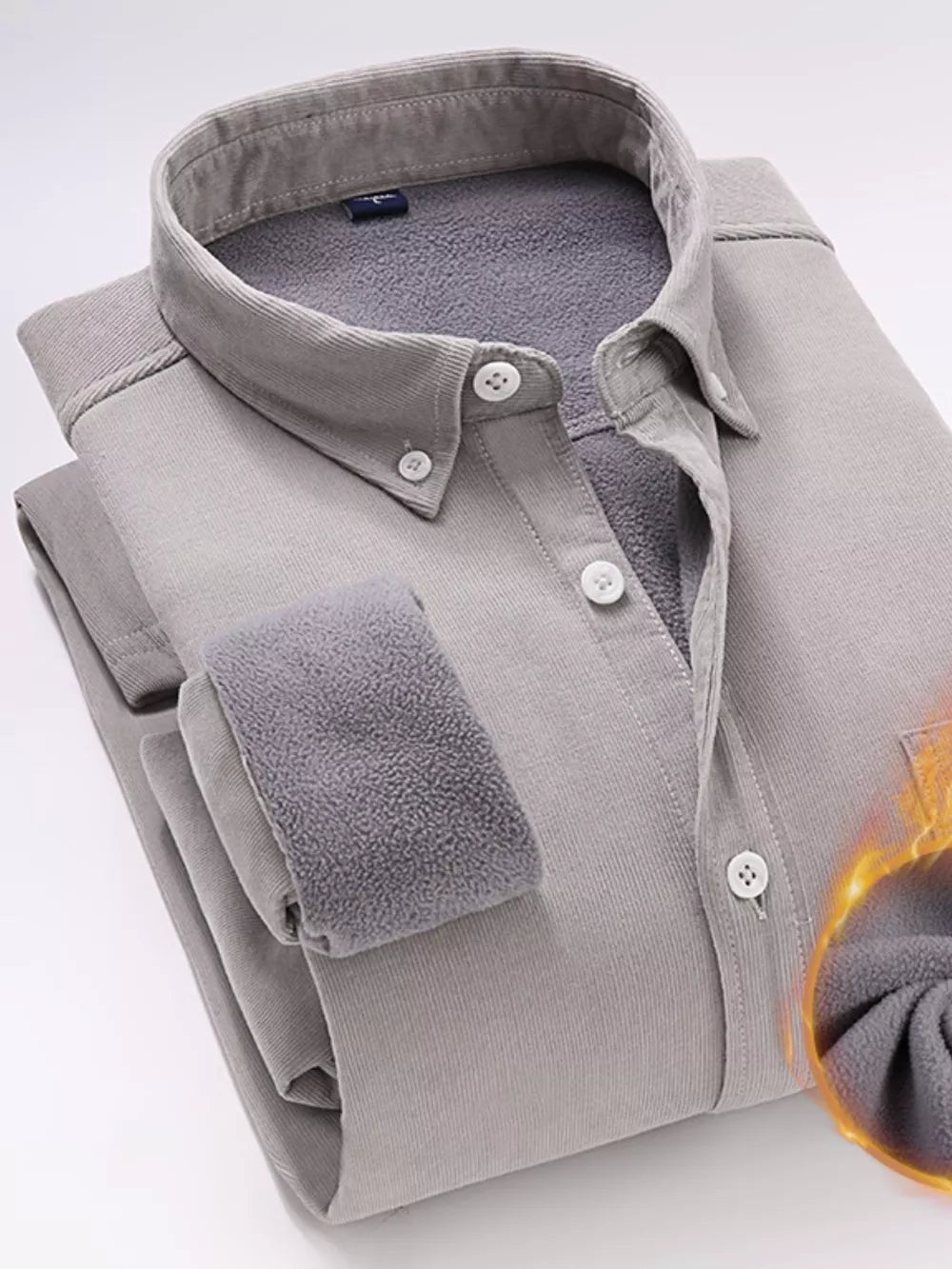 Light Gray corduroy button-down shirt with fleece lining and white buttons.