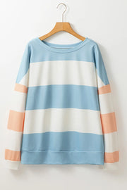 Striped sweatshirt with block sleeves in light blue, white, and blush pink.