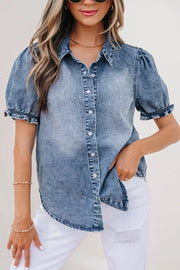 Chic frilled denim shirt with snap closure, puff sleeves, and a collared neckline.