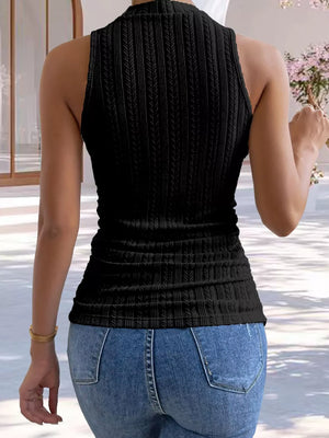 Black ribbed mock neck tank top with textured fabric detail.