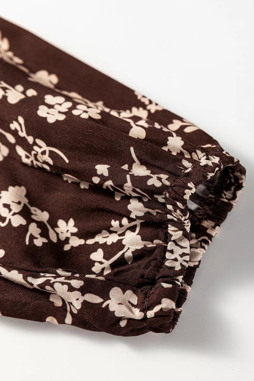 Ditsy Floral Print Split Neck Mini Dress in Coffee Brown, editorial view