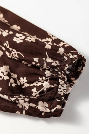 Ditsy Floral Print Split Neck Mini Dress in Coffee Brown, editorial view