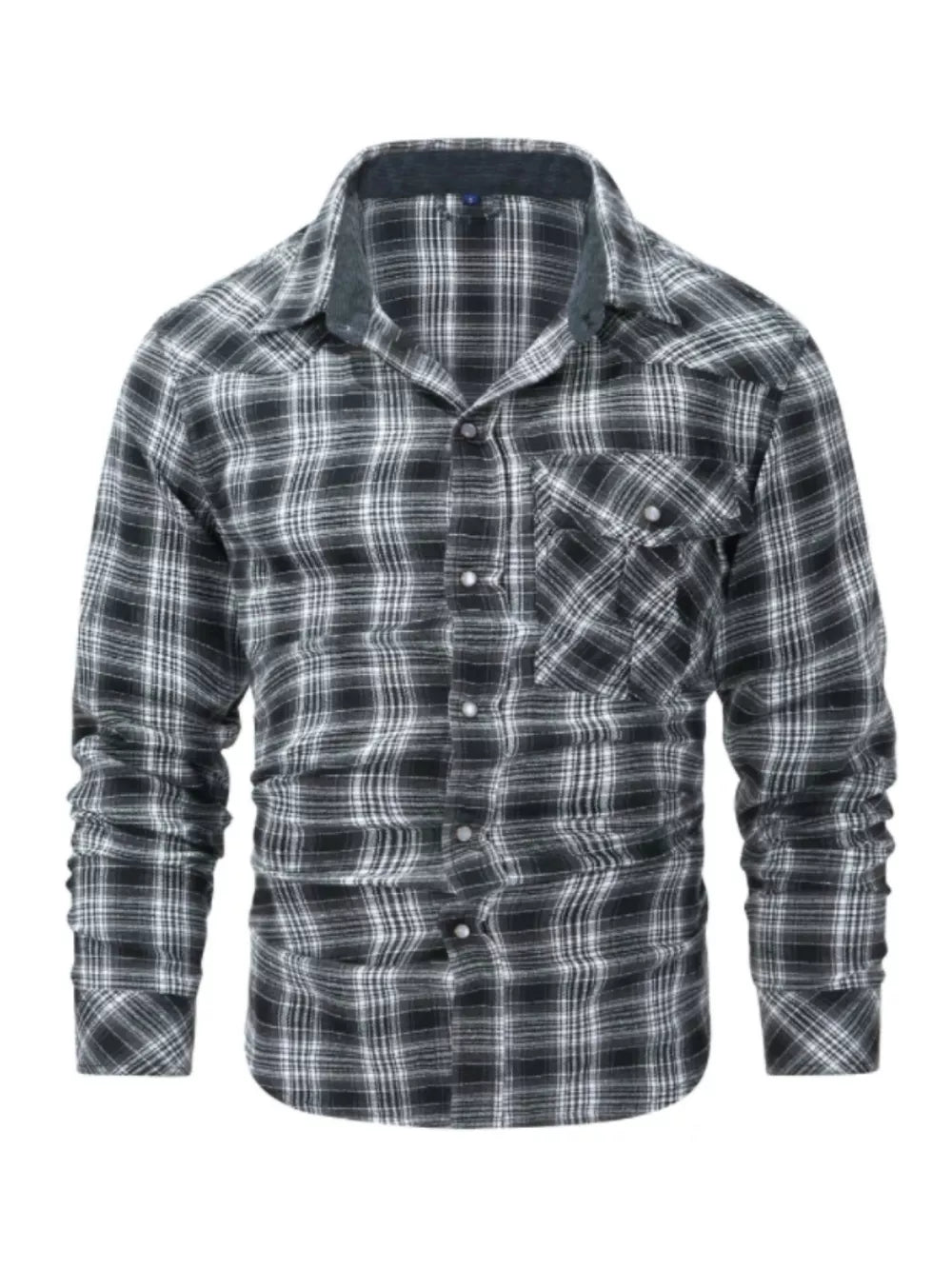 Men's gray plaid cotton button-up shirt with chest pockets