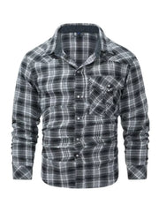 Men's gray plaid cotton button-up shirt with chest pockets