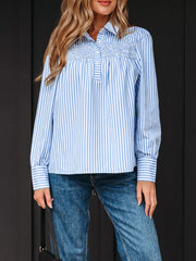 Striped Smocked Collared Blouse in Light Blue, side view