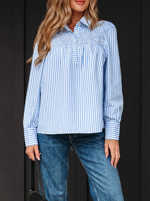 Striped Smocked Collared Blouse in Light Blue, side view
