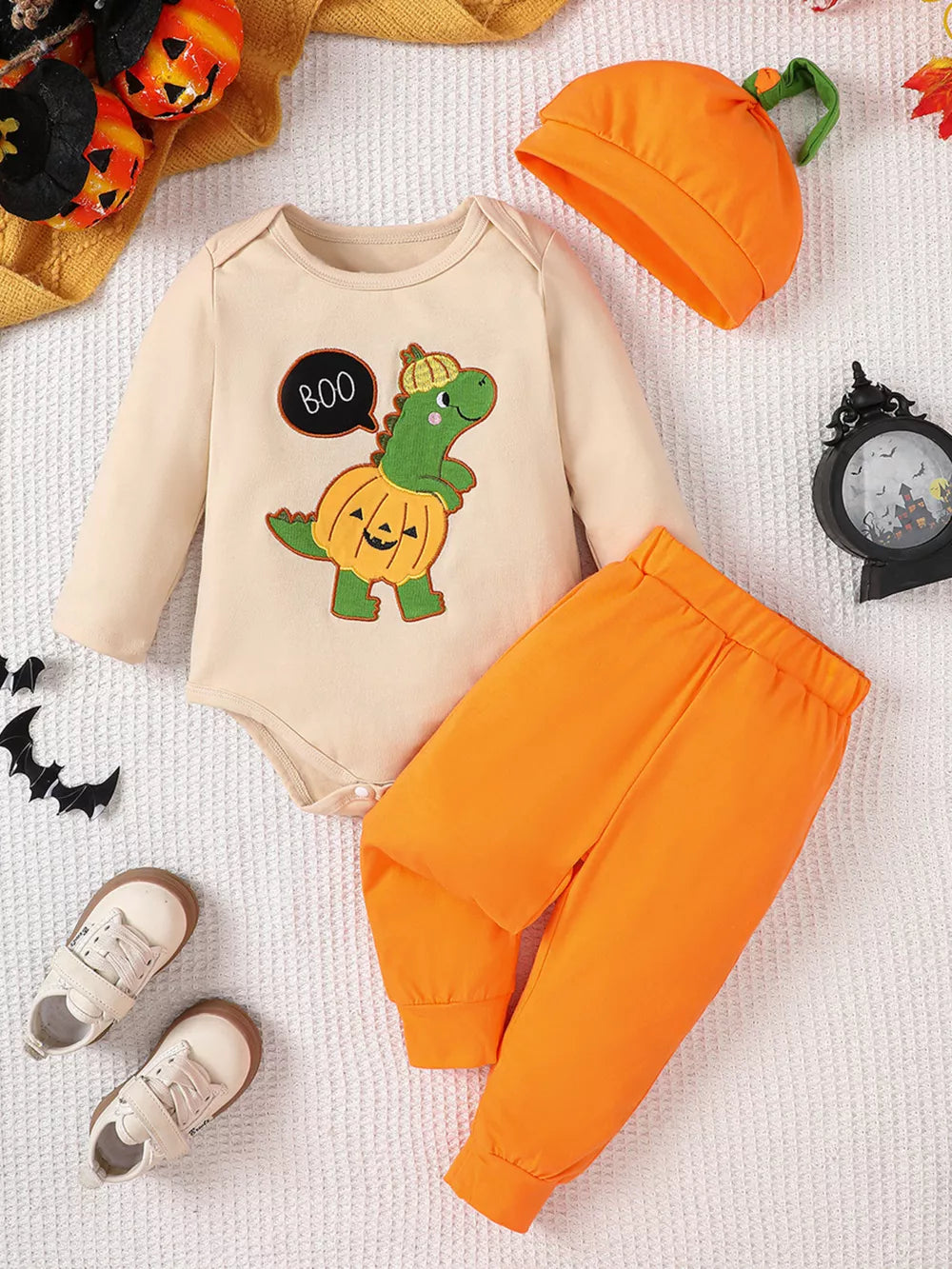 Children's Dinosaur Long Sleeve Bodysuit And Pants Set in Green, front view