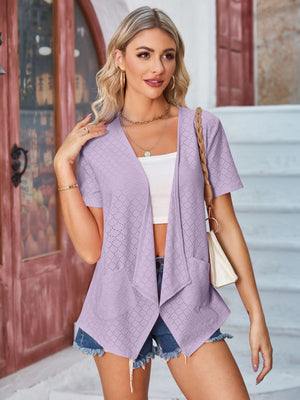 Lavender perforated shawl collar jacket with short sleeves and pockets