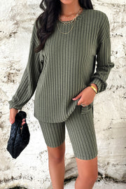 Slouchy ribbed knit bike short set in matcha green with long sleeves and crew neck.