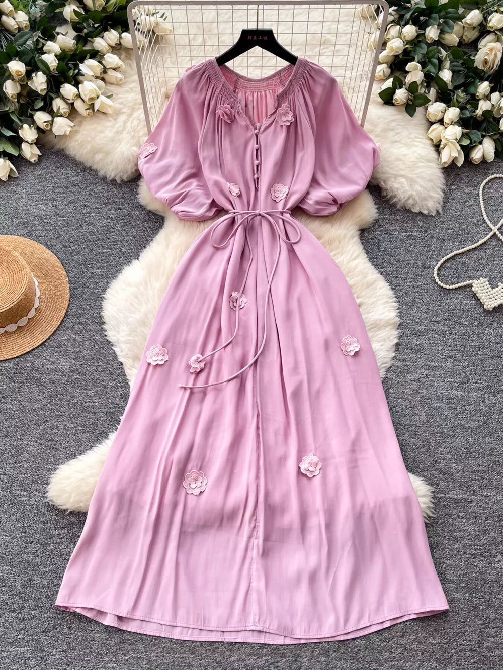 Purple puff sleeve maxi dress with floral appliques and tie waist