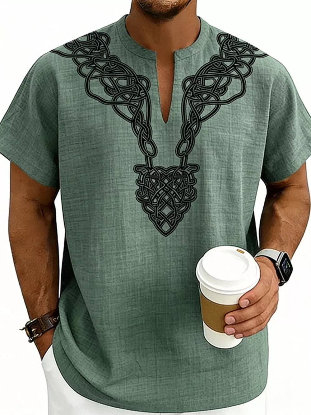 Men's Notched Printed Short Sleeve Shirt Plus Size, fabric detail