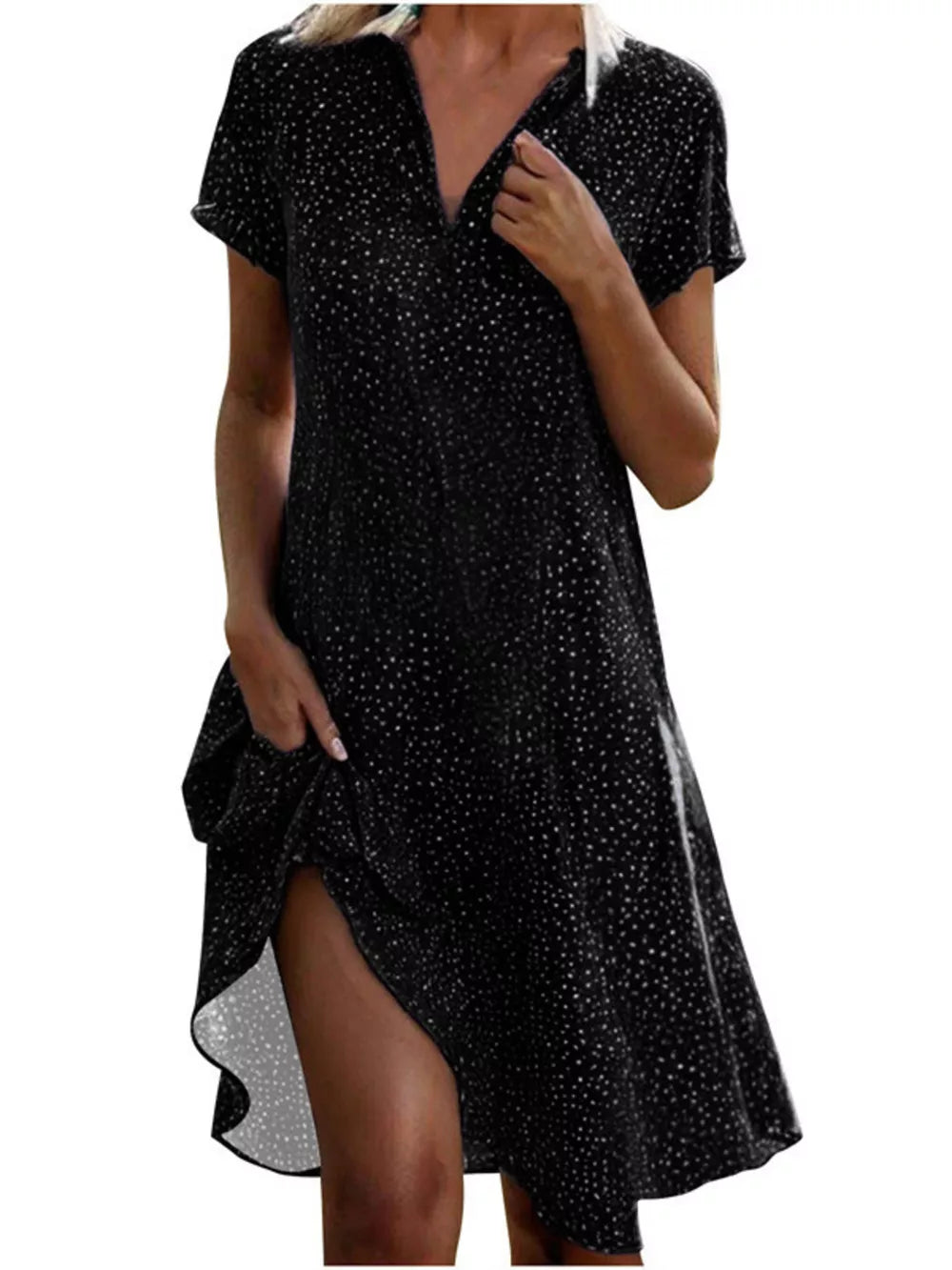 Full Size Polka Dot Short Sleeve Casual Dress in Dark Brown, model styling view