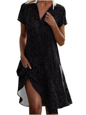 Full Size Polka Dot Short Sleeve Casual Dress in Dark Brown, model styling view
