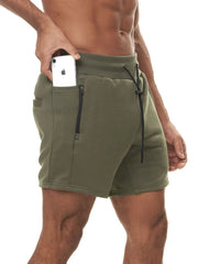 Army green fleece jogger shorts with drawcord and zip pocket detail.