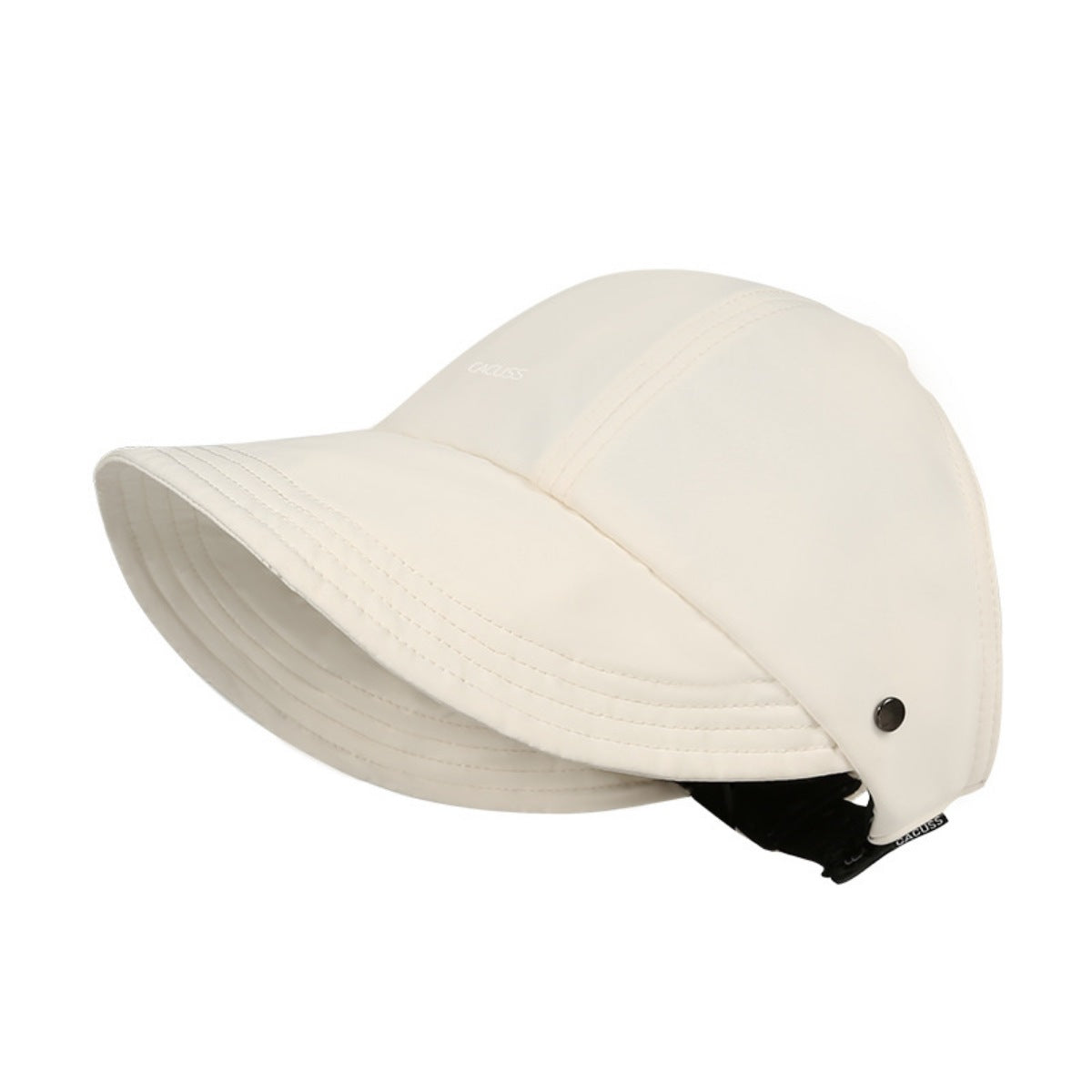 Beige visor hat with decorative stitching and adjustable strap